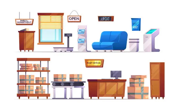 Vector illustration of Post office interior with furniture, warehouse. Delivery service elements stuff, furniture, postbox, correspondence, terminal, parcels on shelves, conveyor, reception, trash bin, belt scales