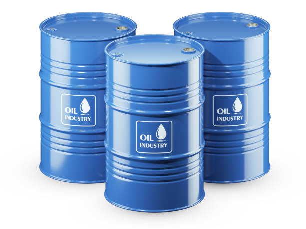 istock Group of blue metal barrels isolated on white background 1308586229