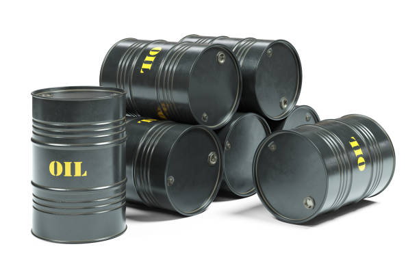 istock Metal oil barrels isolated on white background 1308586253