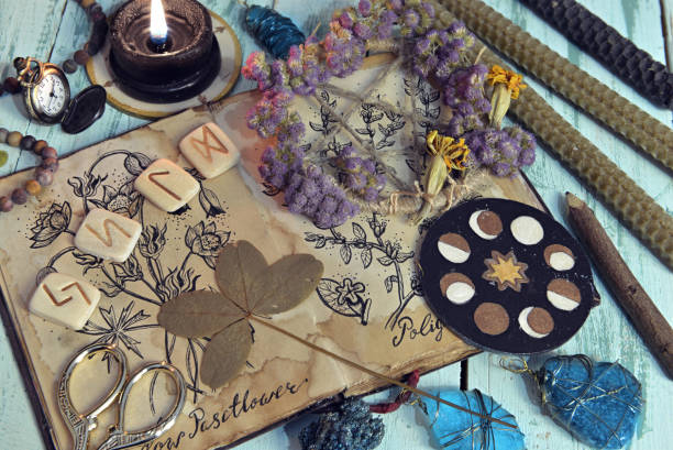 istock Still life with witch diary book and healing herbs drawings, clover, crystals and candles. 1308586561