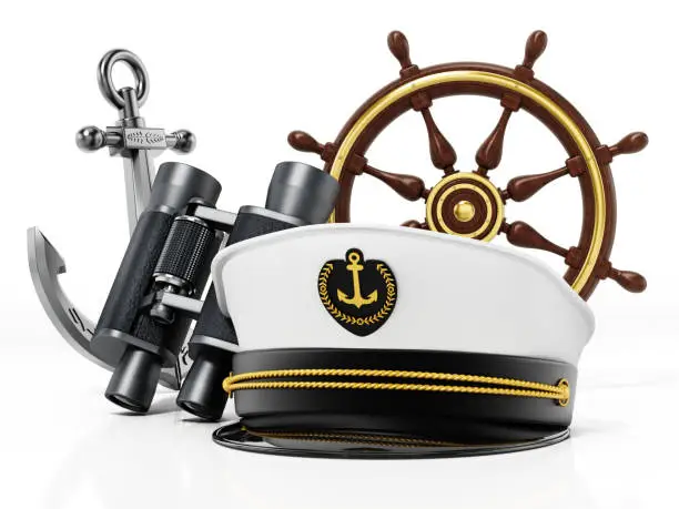 Captain hat, binoculars, ship wheel and anchor isolated on white.