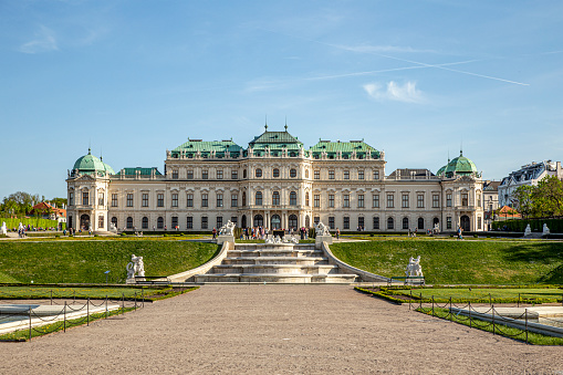 Vienna, October 12, 2022. Panoramic view of the main tourist attractions of the city of Vienna from the territory of the Belvedere palace complex and the green park in the baroque style.