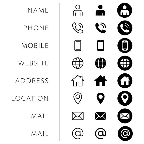 회사 연결 명함 아이콘 세트. 전화, 이름, 웹 사이트, 주소, 위치 및 메일 로고 기호 기호 팩. 벡터 일러스트 이미지입니다. 흰색 배경에 격리. 연락처 디자인 템플릿 - 상징 stock illustrations