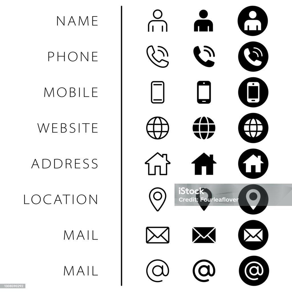 Bedrijf Verbinding visitekaartje pictogram ingesteld. Telefoon, naam, website, adres, locatie en e-mail logo symbool sign pack. Vector illustratiebeeld. Geïsoleerd op witte achtergrond. Sjabloon voor contactontwerp - Royalty-free Pictogram vectorkunst