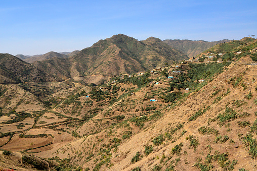 Arbaroba area, Maekel / Central region, Erietra: Eritrean Highlands - farming village on a inhospitable mountain side covered in cacti - valley and mountains - subsistence farming in terraces and wilderness - rural life in Eritrea.