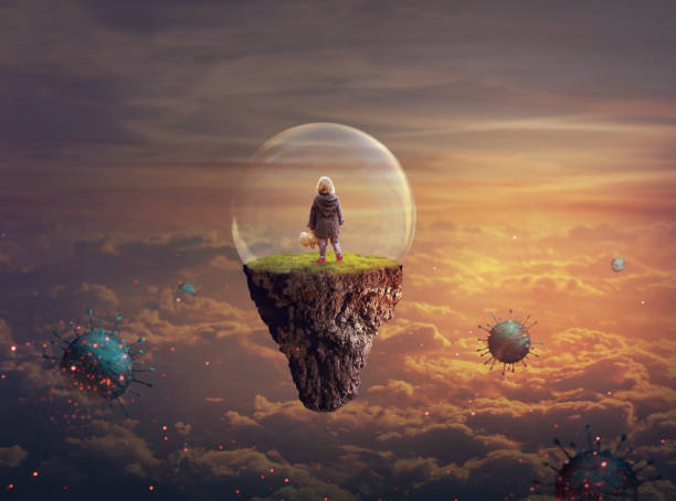 Little girl on a floating island covered with glass bubble; Disease-virus protection concept; Elements of this image furnished by NASA Little girl on a floating island covered with glass bubble; Disease-virus protection concept; Elements of this image furnished by NASA prison lockdown stock pictures, royalty-free photos & images