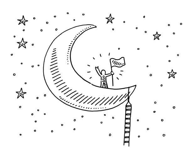 Cartoon Human Figure Reaching The Moon Drawing Hand-drawn vector drawing of a Cartoon Human Figure Reaching The Moon. Black-and-White sketch on a transparent background (.eps-file). Included files are EPS (v10) and Hi-Res JPG. moon clipart stock illustrations