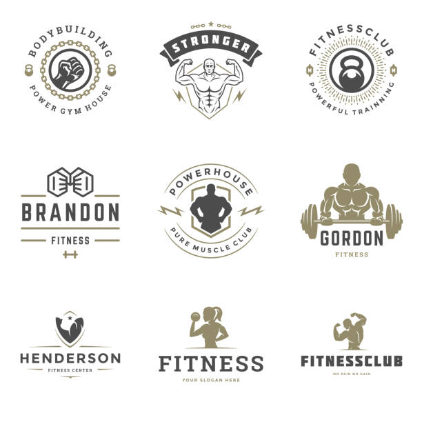 Fitness center and sport gym symbols and badges design set vector illustration Fitness center and sport gym symbols and badges design set vector illustration. Retro typographic labels with sport equipment signs and silhouettes. body building stock illustrations