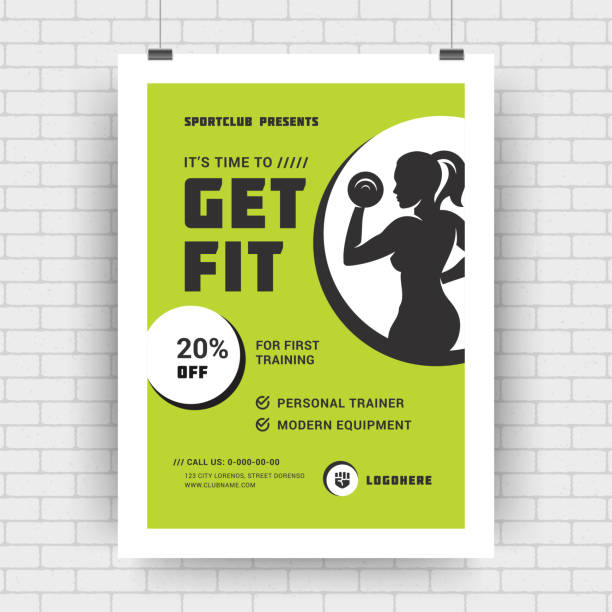 Fitness center flyer modern typographic layout event cover design template with woman silhouette Fitness center flyer modern typographic layout event cover design template with woman silhouette. Vector Illustration. gym silhouettes stock illustrations