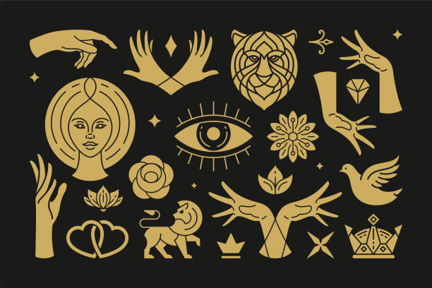 Magic and mystic vector design elements set with female hands gestures Magic and mystic vector design elements set with female hands gestures. Hand drawn silhouettes, spiritual stickers collection. Witchcraft symbols for greeting cards, esoteric logo or poster simple cat line art stock illustrations