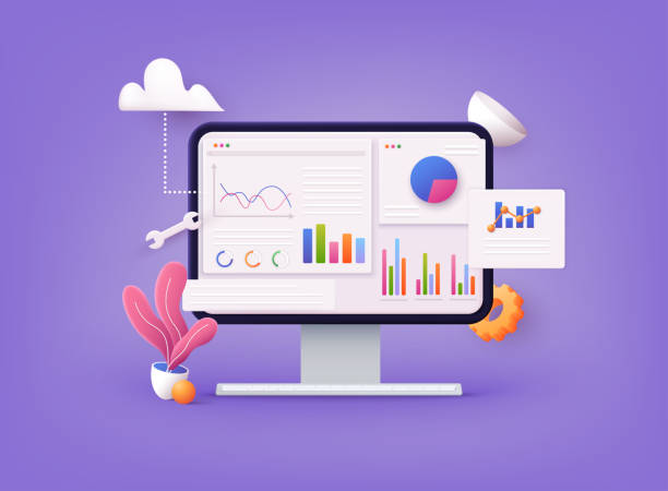 istock Data analytics, dashboard and business finance report. investment or website SEO screen PC concept. 3D Web Vector Illustrations. 1308602755
