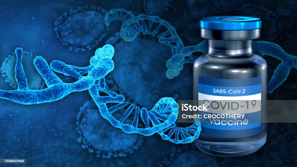 COVID-19 mRNA vaccine. 2020 coronavirus pandemic. Single RNA strand. Microscopic view of infectious SARS-CoV-2 virus cells. 3D rendering Messenger RNA Stock Photo