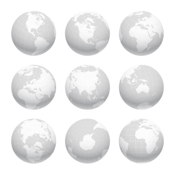 Earth globe set from variant views with meridians and parallels. 3D vector illustration Earth nine views: Directly above, directly bellow, front view on the prime meridian, and different angles focusing on the Americas, Africa, Asia, Europe, Oceania, North and South poles, Antarctica. Carefully layered and grouped for easy editing. You can edit or remove separately the grid, the sea the lands, the light and shadows. equator stock illustrations