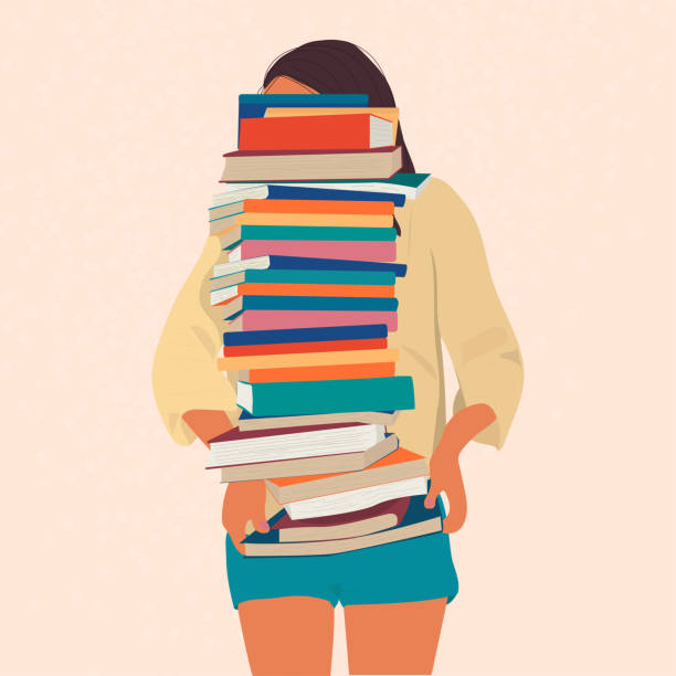 gadis itu memegang setumpuk buku besar. - toko buku ilustrasi ilustrasi stok