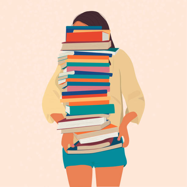 The girl is holding a huge stack of books. Bibliopole and bibliomania. A type of mania. book illustrations stock illustrations