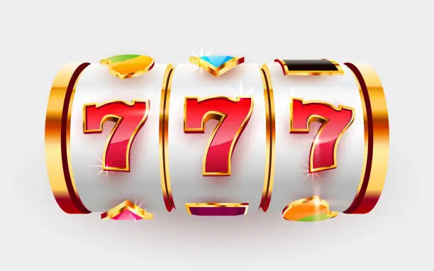 Vector illustration of Golden slot machine wins the jackpot. 777 Big win concept. Casino jackpot.