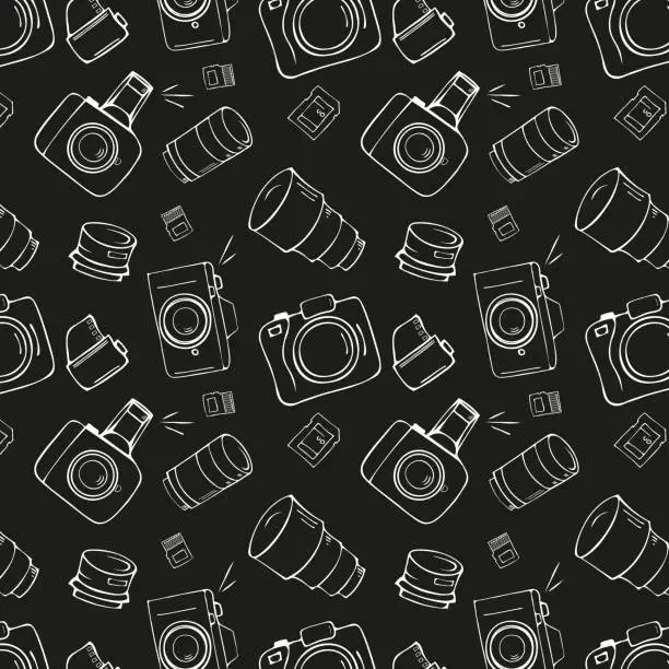 Vector illustration of Photo equipment: photo apparatus, lens, memory cards, photographic film. Seamless pattern in cartoon style vector illustration.