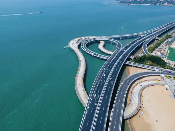Aerial photography of Xiamen coastline city road overpass
