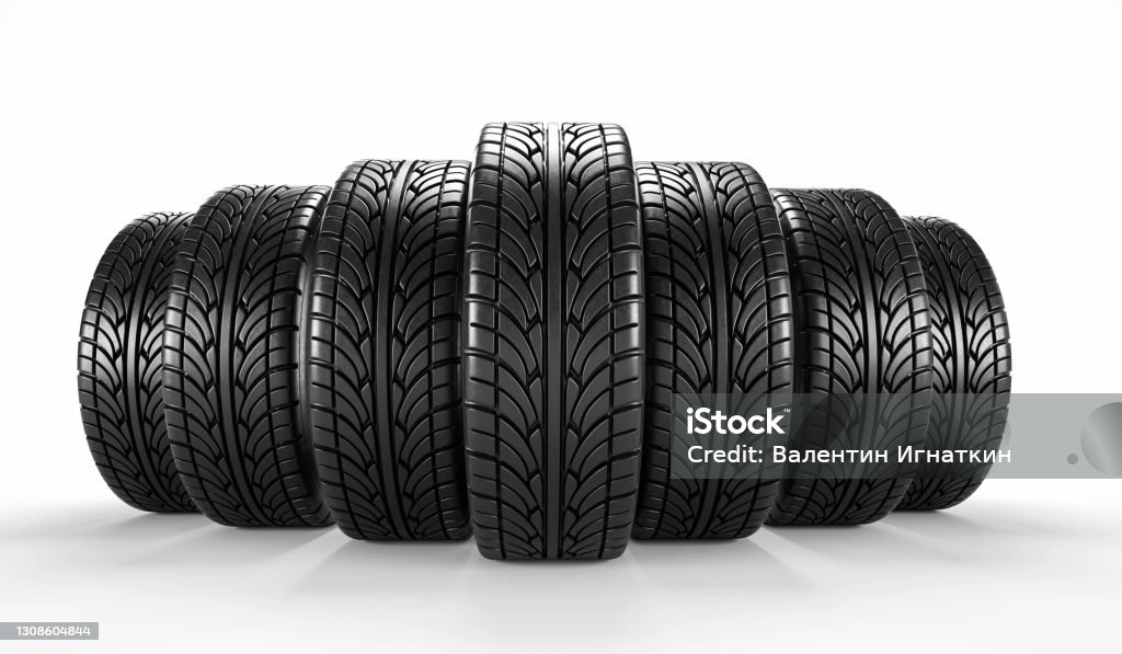 Seven car tire on white background. Poster or cover design. 3D rendering illustration. Car tire on white background. Poster or cover design. 3D rendering illustration. Tire - Vehicle Part Stock Photo