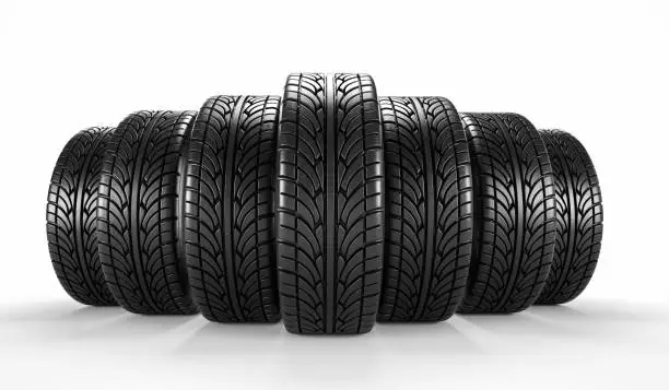 Photo of Seven car tire on white background. Poster or cover design. 3D rendering illustration.