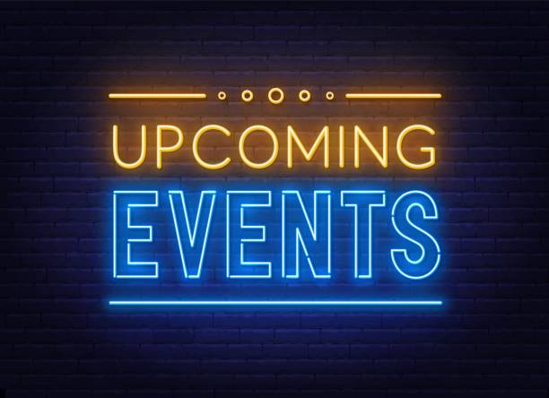 Upcoming Events neon sign on brick wall background. Upcoming Events neon sign on brick wall background . upcoming events stock illustrations