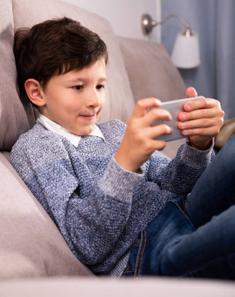 istock Preteen boy using smartphone on sofa  at home interior 1308604896