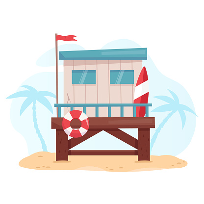 Lifeguard station on the beach with palms. Flat design vector illustration.
