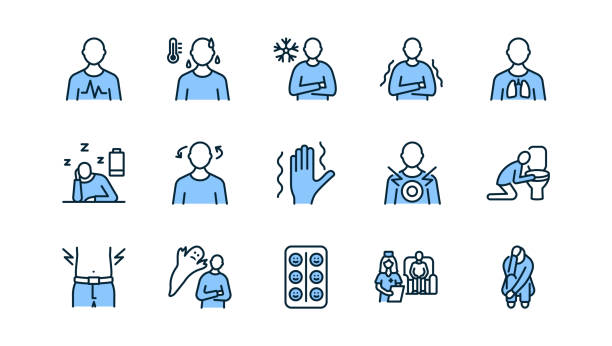 ilustrações de stock, clip art, desenhos animados e ícones de panic attack symptoms flat line icon set blue color. vector illustration psychological illness characterized by dizziness, vomiting, heart palpitations, fear of death. editable strokes - tremendo