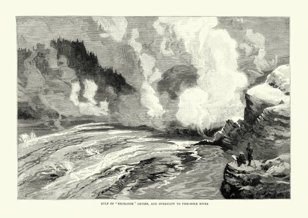 Vintage illustration of Gulf of Excelsior geyser and overflow to fire-hole River, Yellowstone, Victorian 19th Century
