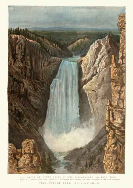 illustrazioni stock, clip art, cartoni animati e icone di tendenza di cascate grandi o basse di yellowstone, cascata, xix secolo vittoriano - cascata
