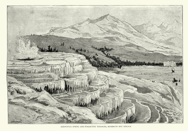 Vintage illustration of Cleopatra spring and Stalactite terraces, Mammoth Hot Springs, Yellowstone, 19th Century.