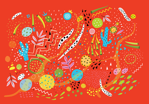 Abstract collection of modern shapes and elements in Mexican style, with chilli peppers, cactus and organic graphic shapes. Vector contemporary texture design.