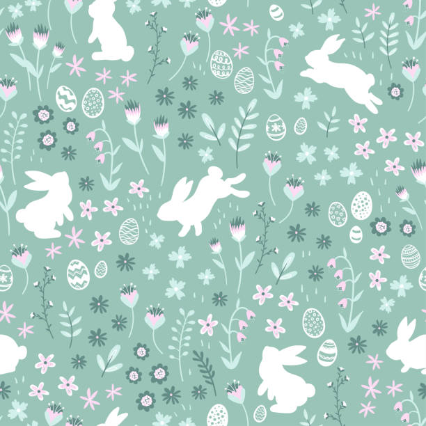 Lovely hand drawn easter bunnies seamless pattern, cute rabbits, springs flowers and easter eggs - great for textiles, banners, wallpapers, wrapping, cards - vector design Lovely hand drawn eastern bunnies seamless pattern, cute rabbits, springs flowers and Easter eggs - great for textiles, banners, wallpapers, wrapping, cards - vector design easter background stock illustrations