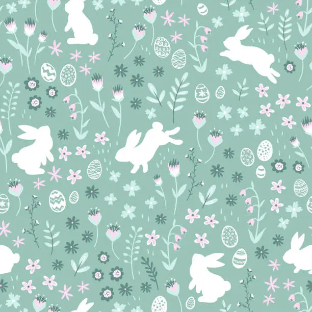 Vector illustration of Lovely hand drawn easter bunnies seamless pattern, cute rabbits, springs flowers and easter eggs - great for textiles, banners, wallpapers, wrapping, cards - vector design