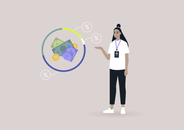illustrations, cliparts, dessins animés et icônes de une jeune consultante financière asiatique pointant vers l’infographie du programme d’investissement, un service de conseil professionnel en ligne - finances personnelles