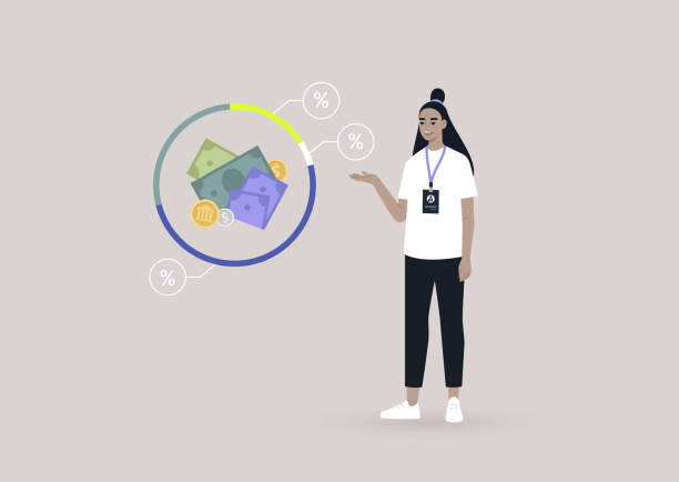 ilustrações de stock, clip art, desenhos animados e ícones de a young female asian financial consultant pointing at the investment program infographics, an online professional advice service - all asian currencies