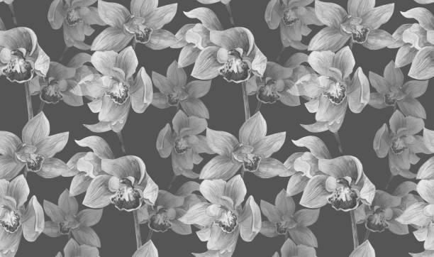 istock black and white watercolor floral seamless pattern with orchid flowers on gray background 1308616130