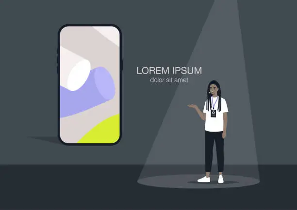 Vector illustration of A young female Black character presenting a new technological product on the stage, an annual big brand event, a startup press conference