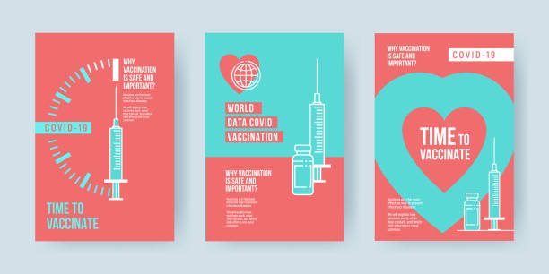 COVID-19 vaccination concept design. Set of covers, banners or posters with Time to vaccinate text and syringe with vaccine COVID-19 vaccination concept design. Set of covers, banners or posters with Time to vaccinate text, syringe with vaccine and quotes why vaccination is safe and important. health poster stock illustrations