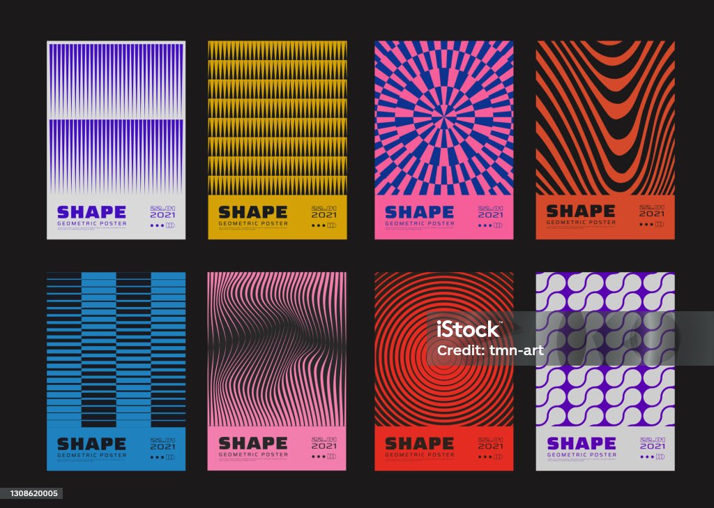 Set of minimalist abstract posters. Meta modern covers. Swiss design pattern. Futuristic geometric composition. Bauhaus artwork. - Royalty-free Padrão arte vetorial