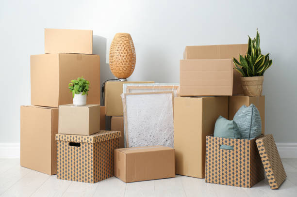 istock Cardboard boxes, potted plants and household stuff indoors. Moving day 1308620709