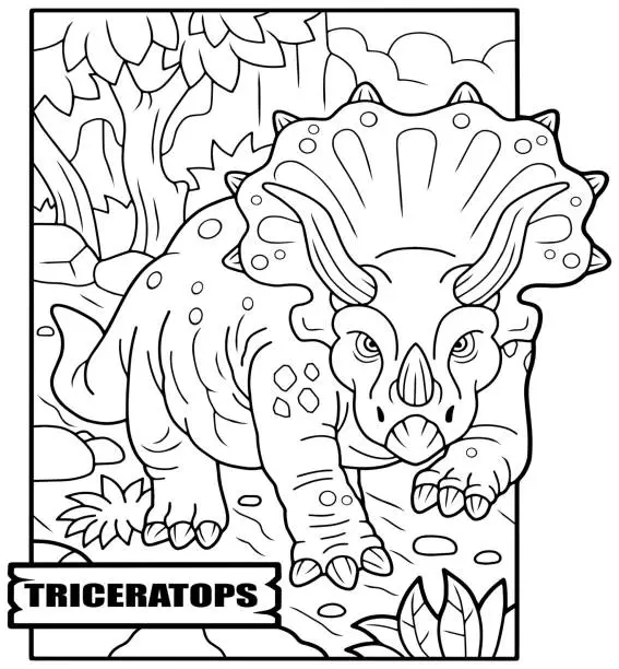 Vector illustration of dinosaur triceratops, coloring book, funny illustration