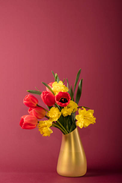 букет цветов (тюльпаны и нарциссы) в вазе - daffodil flower yellow vase стоковые фото и изображения