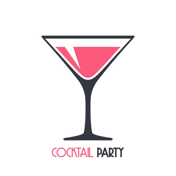 분홍색 마티니 또는 버몬트를 붓은 마티니 유리. 칵테일 파티를 위한 포스터 또는 배너용 템플릿을 디자인합니다. 흰색 배경에 격리된 벡터 그림 - cocktail martini olive vodka stock illustrations