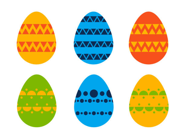 набор простых пасхальных яиц, простая иллюстрация к пасхе - украшенные цветные плоские яйца. - easter remote blue cute stock illustrations