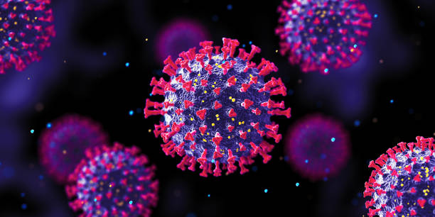 Coronavirus New Strain Wide Dark Background Coronavirus. COVID-19. 3D Render virus stock pictures, royalty-free photos & images