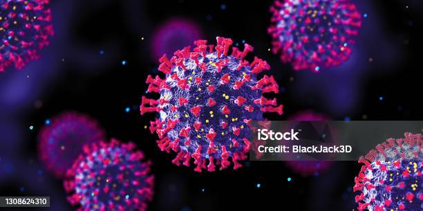 Coronavirus New Strain Wide Dark Background Stock Photo - Download Image Now - Coronavirus, COVID-19, Virus