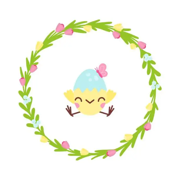 Vector illustration of Flat vector illustration of flower wreath with cute baby chicken inside. Easter round frame of pink and yellow tulip flowers with leaves.