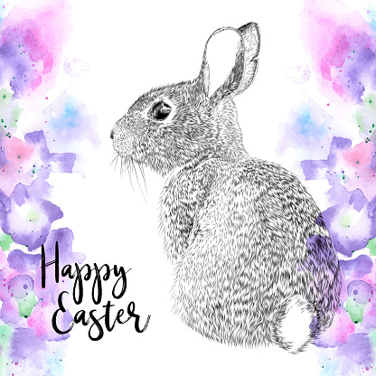Easter Bunny design drawn in pen and ink, overtop abstract watercolor flowers. Vector EPS10 Illustration