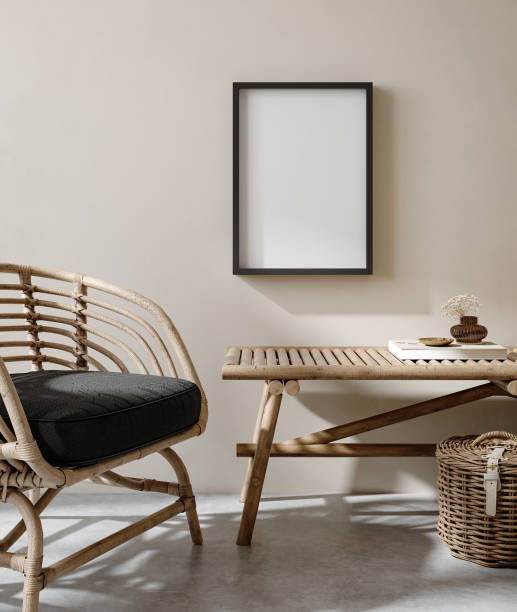 istock Mock up in home interior background, nomadic living room with bench and decor 1308627684
